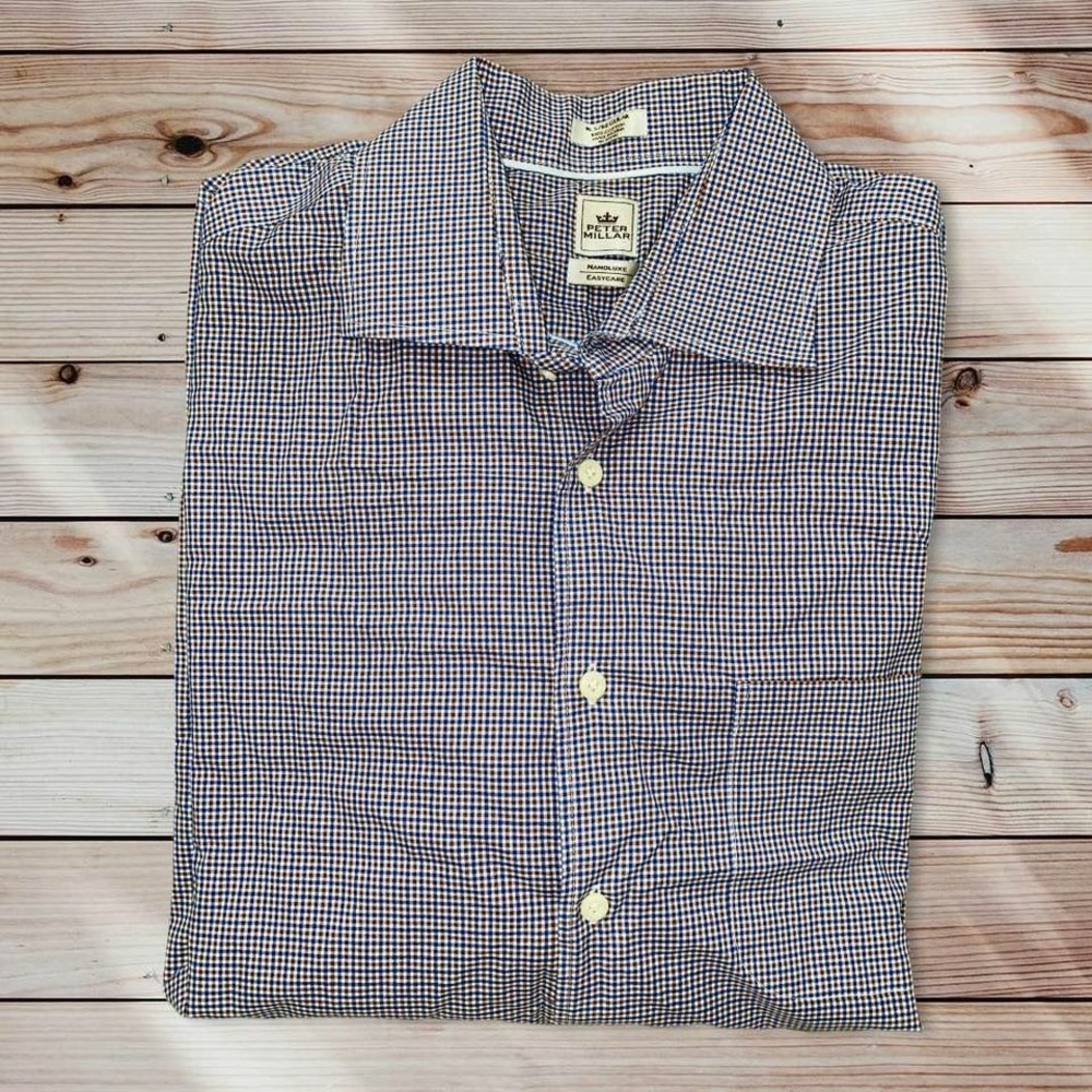 C5 Peter Millar Shirt Top Dress Shirt Men's 16.5 Large Button Front Plaid